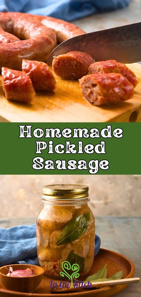 Easy Homemade Pickled Sausage - In the Kitch Pickle Sausage Recipe, Pickled Polish Sausage Recipes, Pickled Sausage Recipe Homemade, Pickled Sausage And Eggs, Pickled Hot Dogs, Pickled Kielbasa, Spicy Pickled Sausage Recipe, Pickled Kielbasa Recipe, Penrose Hot Sausage Recipe