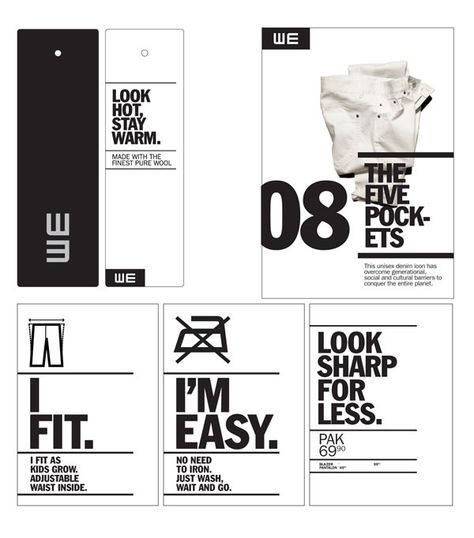 WE Fashion - Brand Identity by Denis Bégin, via Behance Hangtag Design, Mises En Page Design Graphique, Clothing Labels Design, Hang Tag Design, Brand Book, Wolfram, Tag Design, The Grey, International Fashion