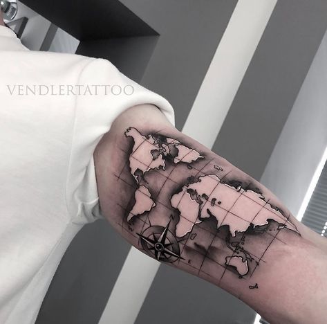 Tattoos Arm Mann, World Map Tattoo, Compass And Map Tattoo, World Map Tattoos, Mangas Tattoo, Globe Tattoos, Map Tattoo, Tattoo Placements, Tattoo Travel