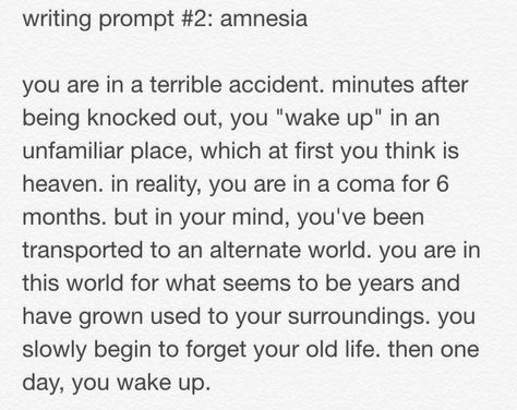 Amnesia Prompts, Amnesia Writing Prompt, Alternate Worlds, Writing Prompt, Book Ideas, Story Ideas, Writing Prompts, Wake Up, Word Search Puzzle