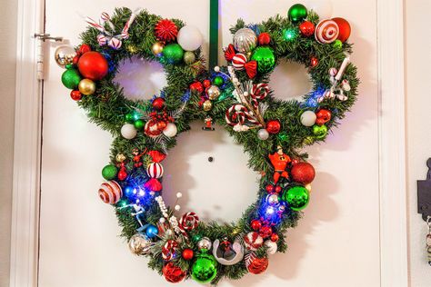 Up Disney Ears, Disney Christmas Wreath, Mickey Mouse Christmas Wreath, Mickey Mouse Wreath, Disney Wreath, Bauble Wreath, Up Disney, Disney Christmas Decorations, Christmas Picks