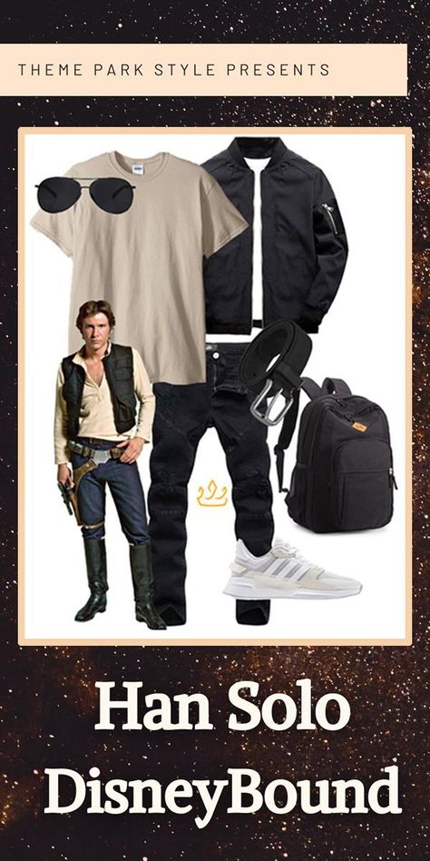 This Han Solo DisneyBound is perfect for any occasion. Plus, we love a fashionable Mens Disney outfit! Galaxy's Edge DisneyBound = a casual DisneyBound *and* a cute DisneyBound. This solid disney character DisneyBound is street style inspired, so it's a trendy DisneyBound, too! Check out Theme Park Style for more DisneyBound inspiration and to buy this outfit! #StarWars #Disneyoutfit #Parkoutfit #mensDisneyBoundOutfits #DisneyBoundinspo #mensStarWarsDisneybound Star Wars Bounding Men, Star Wars Outfits Inspiration Men, Star Wars Inspired Outfits Men, Disney Outfits For Men, Starwars Inspired Outfits, Star Wars Disneybound Couple, Starwars Bounding, Starwars Disneybound Outfits, Obi Wan Disneybound