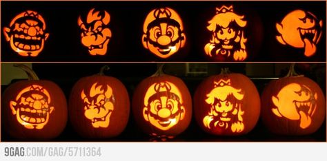 Awesome Mario Jack-o’-lanterns! Gotta save this to show my son later! Mario Pumpkin, Pumpkin Carving Pictures, Pokemon Pumpkin, Awesome Pumpkin Carvings, Character Pumpkins, Halloween Pumpkin Carving Stencils, Scary Pumpkin Carving, Pumpkin Carving Designs, Hallowen Ideas