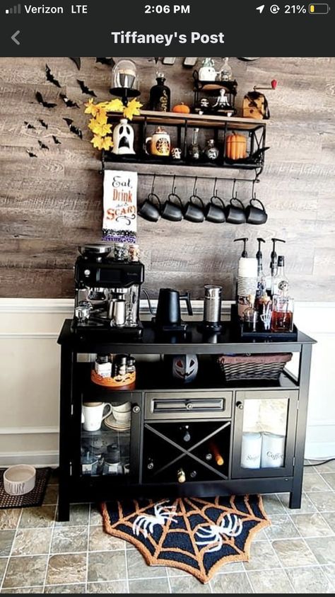 Goth Coffee Bar, Halloween Coffee Bar, Comfy Cozy Home, Diy Coffee Station, Spooky Coffee, Spooky Home Decor, Spooky Home, Cute Furniture, Coffee Bar Ideas