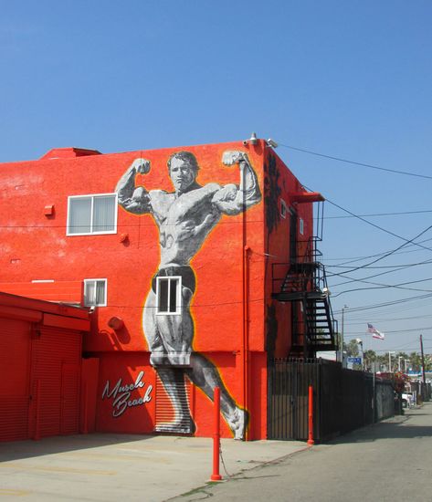 Arnold Schwarzenegger Muscle Beach Mural | BCBL Arnold Schwarzenegger Muscle, Gym Posters, Pr Event, Arnold Schwarzenegger Bodybuilding, Schwarzenegger Bodybuilding, Beach Mural, Nature Tourism, Beach Street, Venice Beach California