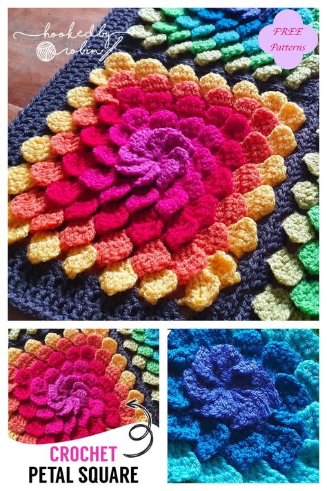 6 3D Petal Granny Square Crochet Patterns – FREE 3d Granny Square Crochet Pattern, Crochet 3d Flowers Free Pattern Granny Squares, Unusual Granny Squares Free Pattern, 3d Granny Square Pattern, 3d Crochet Patterns, Crochet Learning, Granny Squares Blanket, Squares Blanket, Square Sweater