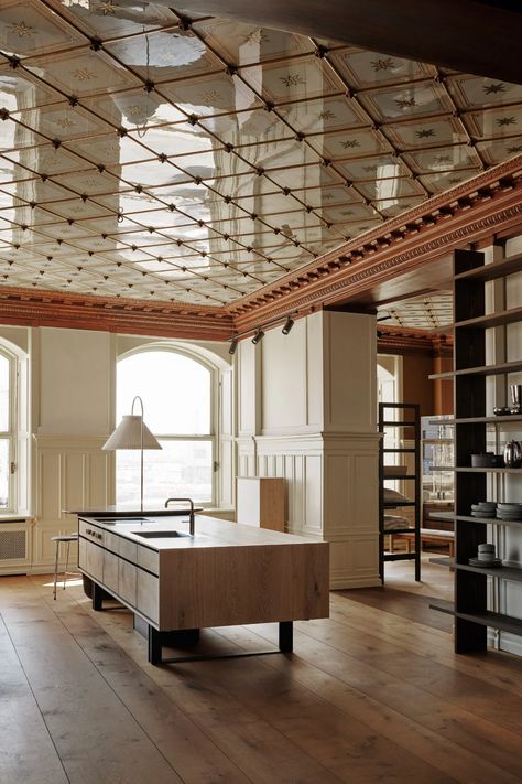 Bunn Studio designs Garde Hvalsøe shop to resemble grand apartment Kitchen Set Up, French Restaurant, Ceiling Detail, Bespoke Interiors, Workspace Design, Furniture Showroom, Aarhus, The Ceiling, Senior Living