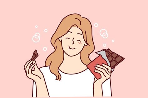 Happy young woman eating chocolate. Smiling girl feel joyful enjoy sweet bar or sugar dessert. Vector illustration. Girl Eating Drawing, Happy Woman Drawing, Eating Drawing Easy, Happy Girl Drawing, Woman Eating Chocolate, Desserts Illustration, Eating Illustration, Calender Ideas, Chocolate Drawing