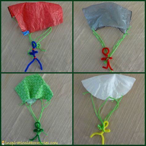 How to Make a Parachute - try all different materials! Stem Activities Transportation, Cause And Effect Stem Activities, How To Make A Toy Parachute, Plastic Bag Parachute, Science Experiment For 2nd Grade, Stem Parachute Activity, Parachute Stem Challenge, Pipe Cleaner People How To Make, How To Make A Parachute