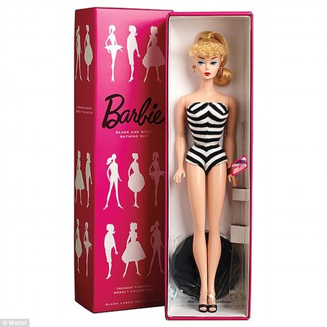 February 13, in 1959, the first Barbie doll went on sale. 2015: The same original 1959 Barbie Doll was reproduced and was available in Australia at Myer 1959 Barbie, Old Barbie Dolls, Barbie 1960, Barbie Website, Original Barbie Doll, White Bathing Suit, Barbie Costume, Barbie Skipper, Barbie Toys