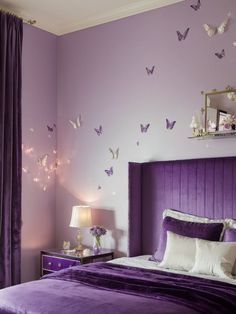 Purple Butterfly Bedroom, Purple Butterfly Room, Purple Wall Bedroom, Purple Aesthetic Bedroom, Purple Bedroom Aesthetic, Purple Room Design, Light Purple Walls, Purple Girls Bedroom, Lilac Bedroom