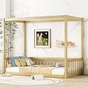 Twin Size Canopy Bed Frame with Guardrails for Kids,Floor Bed Twin with Four Poster Design,Kids Montessori Floor Bed,Wood Canopy Bed Frame for Girls,Boys(Twin,Natural) Twin Floor Bed Frame, Twin Canopy Bed Frame, Floor Bed Twin, Twin Floor Bed, Kids Floor Bed, Twin Canopy Bed, Poster Design Kids, Wood Canopy Bed, Montessori Floor Bed