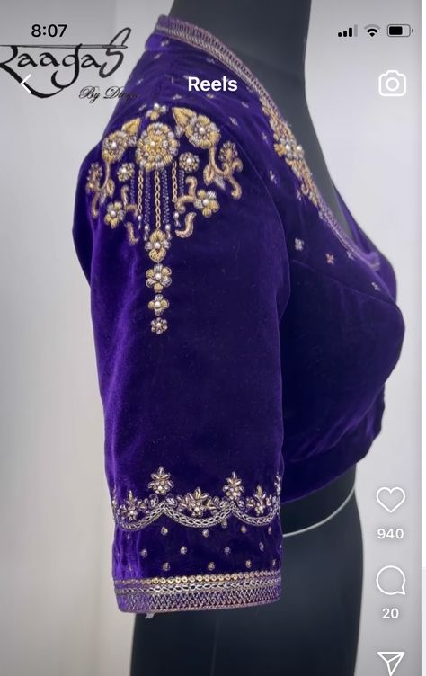 Purple Aari Work Blouse, Transparent Blouse Design, Blouse Embroidery Designs Silk, Velvet Blouse Designs Indian, Traditional Saree Blouse Designs, Velvet Blouse Design, Wedding Blouses, Blue Blouse Designs, Blouse Designs High Neck