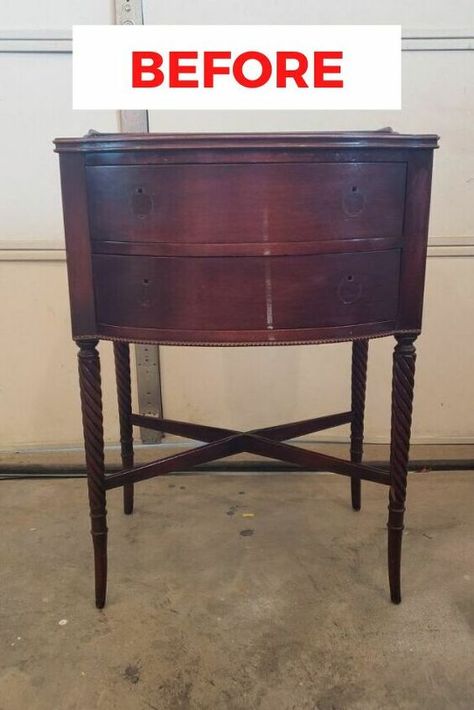 Painting Mahogany Furniture, Old Night Stand Makeover, Refurbished End Tables, Mahogany Nightstand, Night Stand Makeover, Serpentine Dresser, Nightstand Makeover, Accent Wall Stencil, Mahogany Furniture