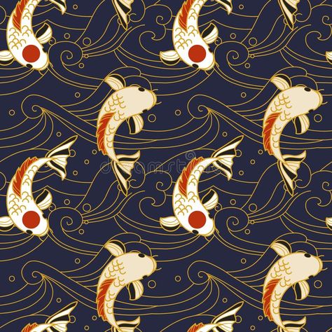 Vector seamless pattern with koi fish and waves in japanese style. Hand drawn vector backdrop in oriental style. Decorative fish in pond vector illustration Fish In Pond, Waves Japanese, Cute Shower Curtains, Samurai Anime, Japanese Fish, Fish Vector, Japanese Waves, Japanese Koi, Fish Illustration