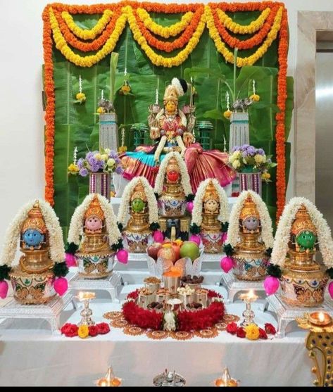 Ashtalakshmi Pooja Decoration, Gouri Pooja Decoration, Dussehra Decoration Ideas, Gruhapravesam Decoration Ideas Usa, Varamahalakshmi Decoration Ideas, Dasara Decoration Ideas At Home, Garden Ideas With Plastic Bottles, Varalakshmi Pooja, Lakshmi Pooja