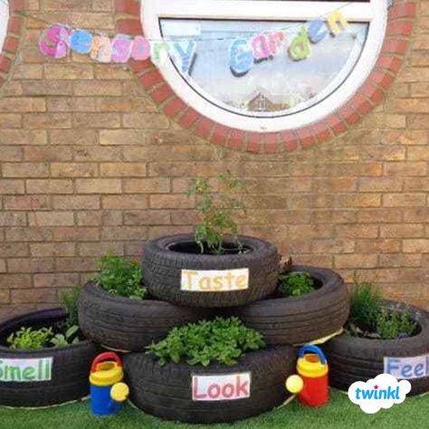 Create a Sensory Garden using old tyres! Such a fantastic way to use an unwanted item to provide a new experience for the children. Children can smell, look, taste and feel the contents of the tyres. How do you make the most of your outdoor space? Use our outdoor display posters to provide decoration and direction to your outdoor areas! #sensorygarden #sensory #teaching #teacher #teachingresources #twinkl #twinklresources #education #outdoorlearning #outdoorplay #eyfs #earlyyears #senses Outdoor Garden Nursery Ideas, Educational Garden Ideas, Garden Ideas For Nursery Outdoor Areas, Year 1 Outside Area, Tyres Eyfs Outdoor Areas, Small Sensory Garden, Nursery Garden Ideas Outdoor Play, Eyfs Garden Ideas Outdoor Areas, Outside Area Eyfs