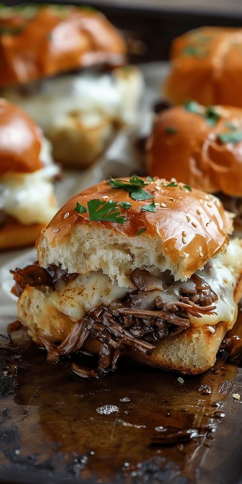 French Dip Sliders [40 Minutes] – Chasety Cafe Appetizers, Football Sandwiches, Saltburn Party, Tournament Food, French Snacks, French Dip Sliders, Fancy Meals, Party Sliders, French Appetizers