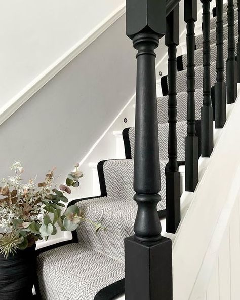 Hallway Black Staircase, Black White Bannister, Monochrome Stairs And Landing, Charcoal Stair Railing, Black And White Banister Ideas, Black Bannisters And Spindles, Paint Stairs With Runner, Hallway Black Stairs, Matt Black Staircase