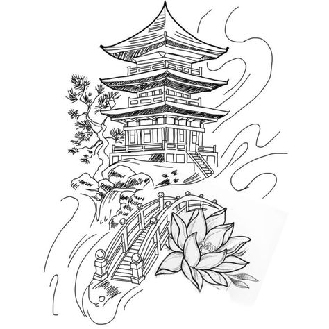 Japanese Garden Design Tattoo, Japanese Garden Tattoo, Chinese Traditional Tattoo, Japanese Temple Tattoo, Dragon Tattoo Drawing, Temple Tattoo, Arm Sleeve Tattoos For Women, Buddha Tattoo Design, Half Sleeve Tattoos Drawings