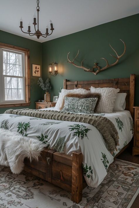 Forest Green Bedding Bedroom Ideas, Dark Green And Brown Bedroom, Green And Brown Bedding, Brown And Green Decor, Green Brown Bedroom, Green And Brown Bedroom Ideas, Dark Wood Bedroom Ideas, Bedroom Draws, Forest Green Bedroom