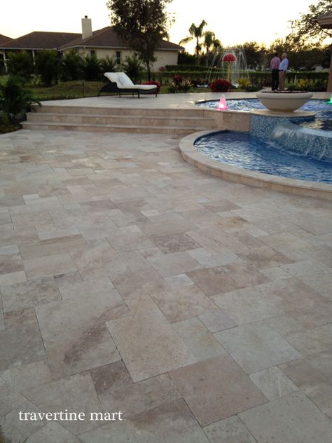 Ivory Swirl ™ Travertine Pavers - The Official Pool Paver of DIY's Vanilla Ice Project Season 4!  http://www.travertinemart.com/products-page/ivory-swirl-premium-select-tumbled/special-until-013113-premium-select-french-pattern-ivory-swirl-travertine-pavers Travertine Pool Decking, Travertine Patio, Pool Paving, Pool Pavers, Travertine Pavers, Travertine Pool, Swimming Pool Landscaping, Pool Renovation, Pool Remodel