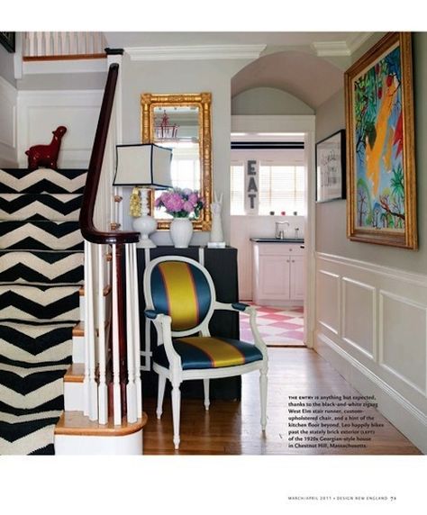 In love with the striped chair, patterned stairs and colorful painting on the hall.  A statement making entryway makes you want to see the rest of the home.  #bold #statement #pattern Liz Caan, Arched Entry, Chevron Rugs, Chevron Carpet, Diy Stairs, Glam Room, Renovation Design, Carpet Stairs, Stair Runner