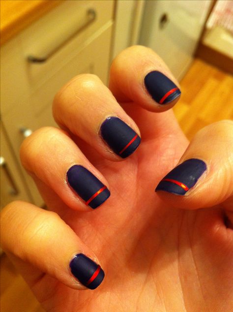 Navy matte manicure with red stripe #nailart #nailtape #nails Navy Red Nails, Dark Blue And Red Nails, Red And Navy Nails, Navy And Red Nails, Navy And Orange Nails, Usmc Nails, Matte Manicure, Nails With Chrome, Red Tip Nails