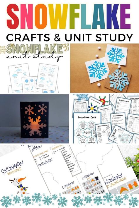 There's something awe-inspiring about snow. In this post, you'll find snowflake crafts, a printable unit study, and lots of other activities and ideas all focused on snow and snowflakes, Winter Unit Study Homeschool, Snowflake Science Experiment, Snowflake Unit Study, Montessori Snowflake Activities, Cardstock Paper Crafts, Name Snowman, Snowflake Crystal Experiment, Creative Writing Activities, Snowflakes Falling