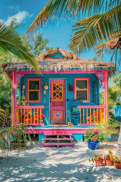 Colorful House, Dream Beach Houses, Beach Shack, Beach House Design, Dream Beach, Boho House, Cute House, Beach Hut, Beach Cottages