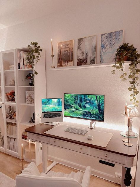 23+ Cozy, Chic & Inspiring Desk Decor Ideas For Your Home Office — ASHLINA KAPOSTA Ghibli Office Aesthetic, Boho Computer Desk, Home Office Desk In Middle, Feminine Desk Setup, Desk Anime, Home Office Nook, Desk Decor Ideas, Cozy Desk, Design Hacks