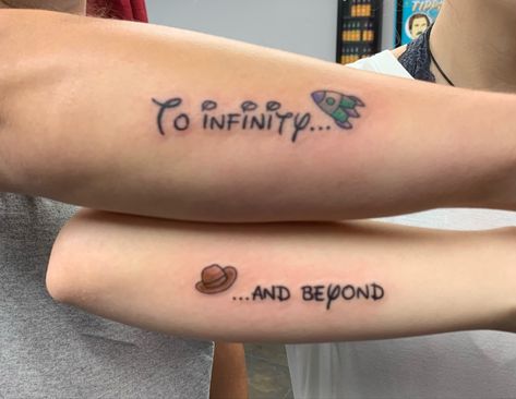 You Got A Friend In Me Tattoo, To Infinity And Beyond Tattoo Toy Story, I Love You To Infinity And Beyond Tattoo, Too Infinity And Beyond Tattoo, Big Sister And Little Sister Tattoos, Toy Story Tattoo Ideas, Toy Story Tattoos, Matching Tattoo Ideas For Couples, To Infinity And Beyond Tattoo