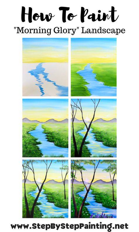 How To Paint Nature Step By Step, Spring Step By Step Painting, Beginner Painter Ideas, River Painting Acrylic Easy, How To Paint Spring, Paint Night Step By Step, Acrylic Landscape Paintings Easy Step By Step, Free Painting Tutorials, Easy Horse Paintings For Beginners