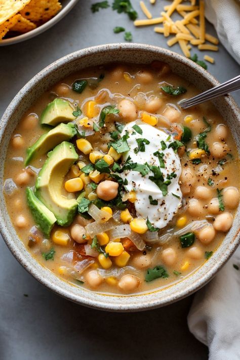 White Chickpea Chili Recipe: A Healthy Classic Dish White Chickpea Chili, Chickpea Crockpot Recipes, Chickpea Soup Recipes Healthy, Dry Chickpea Recipes, Chickpea Soup Recipes, Chickpeas Soup, Soup With Chickpeas, Chickpea Recipes Healthy, White Bean Chili Recipe