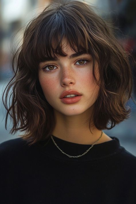 A young woman with short, wavy hair and bangs looking directly at the camera. Short Hair For Small Face For Women, Short Haïr Cut For Wavy Hair Girl, Short Haircut Low Maintenance, Hair Cuts Teen Girl, Short Hair For Teenage Girl, Short Hairstyle Women Aesthetic, Julia Roberts Short Hair, Mid Short Hairstyle Women, Girls Haircut Short