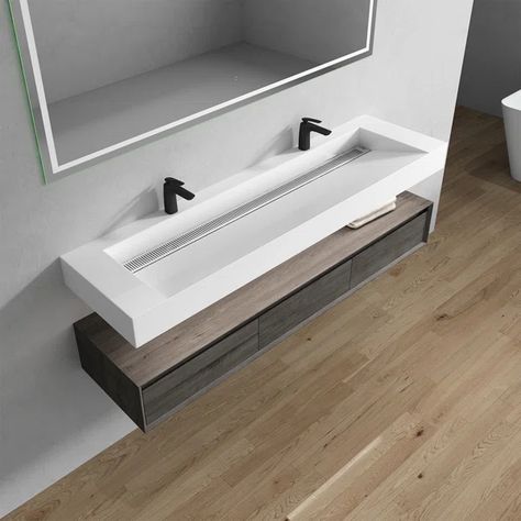 70.9'' Wall Mounted Single Bathroom Vanity with Plastic Vanity Top Oak Floating Vanity, Wall Mounted Sink, Small Bathroom Vanities, Floating Bathroom Vanity, Double Sink Vanity, Installing Cabinets, Double Bathroom, Floating Vanity, Double Bathroom Vanity