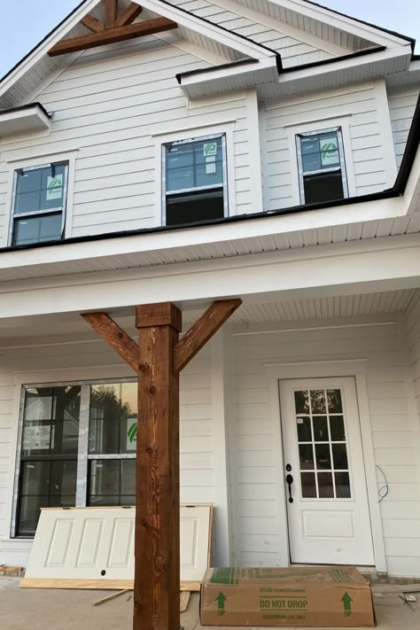 Farmhouse Porch Beams, Wooden Beam Front Porch, Porch Beam Ideas, 6x6 Post Ideas Front Porches, Exposed Beam Porch, Cedar Pillars Front Porch, Extending Front Porch, Front Porch Pillars Columns, Wood Posts Front Porch