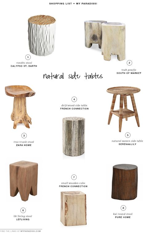 Natural side tables | My Paradissi Tree Stump Side Table, Vintage Bedroom Styles, Trunk Side Table, Tree Stump Table, Wood Stumps, Diy Side Table, Tree Stumps, Ceramic Tile Coaster, Home Coffee Tables