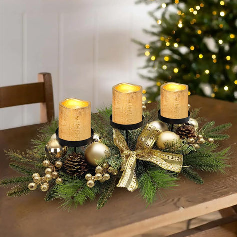 Christmas Centerpiece Table Decorations, Includes 3 Candle Holders with Glittery-Gold Bow, Artificial Gold Berries and Glittery Pine Cones Candelabrum for Dinning Table, Fireplace Mantel - 27.5 Inch Gold Christmas Centerpieces, Christmas Coffee Table Decor Ideas, Mantel Candles, Gold Table Centerpieces, Christmas Centrepiece Table, Tree Collar Christmas, Fall Table Decorations, Christmas Coffee Table, Christmas Candle Centerpiece