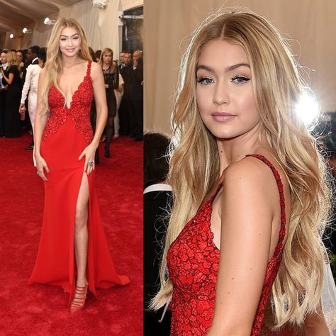 Met Gala 2015 Prom Makeup For Blue Eyes Blonde Hair Red Dress, Prom Makeup For Red Dress, Red Dress Gala, Gala Makeup, Green Eyes Blonde Hair, Hairstyles For Fall, Gigi 2, Dress Gala, Met Gala Dresses