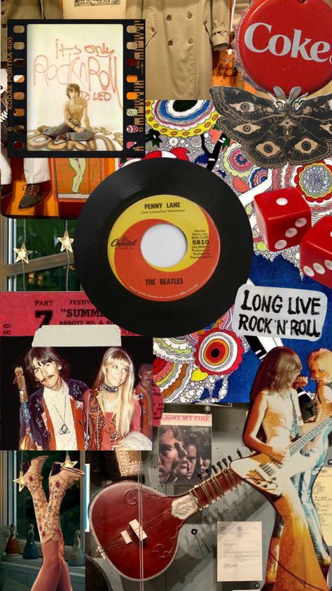 1970s Rock Aesthetic, Rock N Roll Color Palette, 60s Rock Aesthetic, Rock And Roll Collage, 70s Rock Aesthetic, 70s Collage, 70s Lookbook, Gcse Music, Classic Rock Aesthetic