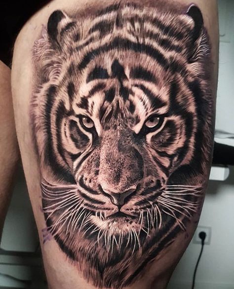 Big Cover Up Tattoos, Tiger Tattoo Thigh, Mens Tiger Tattoo, Unique Animal Tattoos, Mother And Baby Tattoo, Tattoo Tv Shows, Thigh Tattoo Men, Tiger Tattoo Sleeve, Bear Tattoo Designs