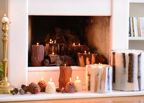 candle fireplace decor Pictures Of Candles, Ideas For Fireplaces, Fireplace With Candles, Candle Fireplace, Empty Fireplace Ideas, Empty Fireplace, Fireplace Candle, Huge Candles, Unused Fireplace