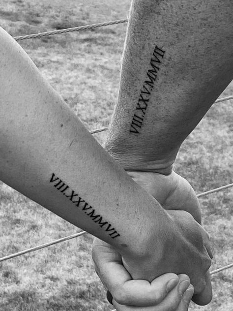 Couple Roman Numeral Tattoo, Wedding Roman Numeral Tattoo, Anniversary Roman Numeral Tattoo, Roman Numeral Couple Tattoo, Roman Numeral Wedding Date Tattoo, Wedding Date Tattoo Ideas, Roman Numeral Tattoo Arm, Wedding Date Tattoo, Spouse Tattoos