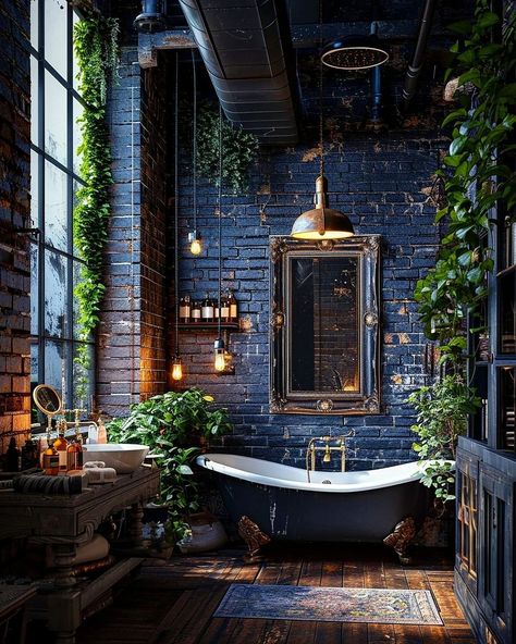 Blue Brick House, Vintage Decor Bathroom, Modern Vintage Bathroom, Gothic Bathroom, Vintage Bathroom Decor, Dark Home Decor, Modern Vintage Decor, Dark Home, Fantasy House