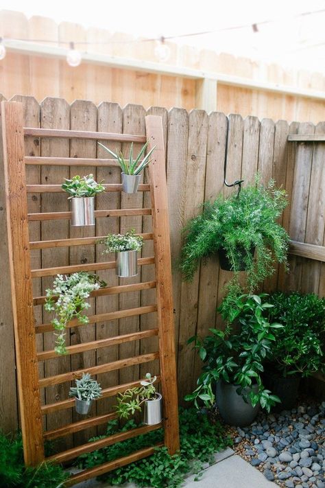 Ladder vertical garden...the perfect DIY project for anyone with a small backyard but who still wants to garden. Pagola Ideas, Small Patio Ideas On A Budget, Backyards Ideas, Succulent Wall Planter, Garden Statuary, Hanging Gardens, Wooden Trellis, Vertical Herb Garden, Vertical Garden Diy