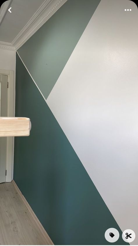 Geometric Wall Paint Color Combination, Color Block Wall Triangle, Paint Triangles On Wall, Dorm Accent Wall, Corridor Painting Ideas, Simple Wall Paint Patterns, Green Wall Design Paint, Painting Diagonal Lines On Wall, Partial Painted Accent Wall