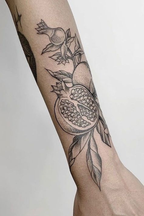 Persephone Tattoo, Pomegranate Tattoo, Fruit Tattoo, Ideas For Tattoos, Upper Arm Tattoos, Sketch Tattoo Design, Botanical Tattoo, Tattoo Font, Tattoo Project