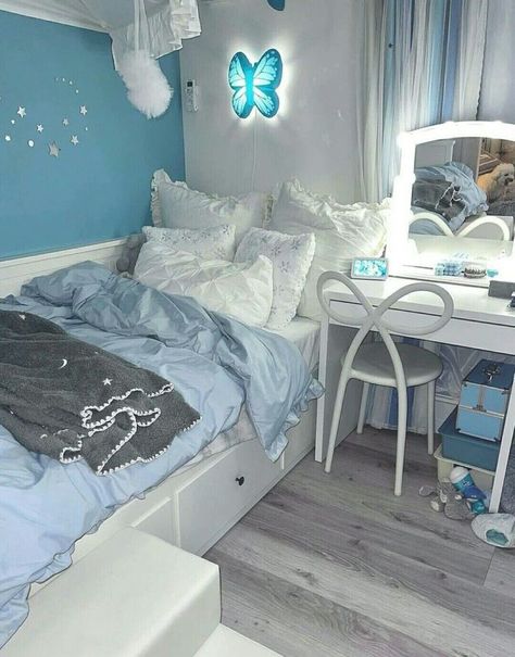 Cute Kawaii Things To Buy For Aesthetic Kawaii Room Aesthetic Room Decor Ideas, Light Blue Rooms, Light Blue Bedroom, Blue Room Decor, Bedroom Ideas For Small Rooms Cozy, Purple Bedrooms, Aesthetic Bedroom Ideas, Hiasan Bilik Tidur, Blue Bedroom Decor