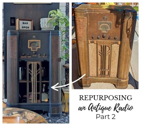 Repurposing an Antique Radio - Part 2 Radio Cabinet Repurposed, Stereo Cabinet Redo, Antique Radio Cabinet, Vintage Radio Cabinet, Redo Cabinets, Repurposed Lamp, Stereo Cabinet, Rub N Buff, Computer Set